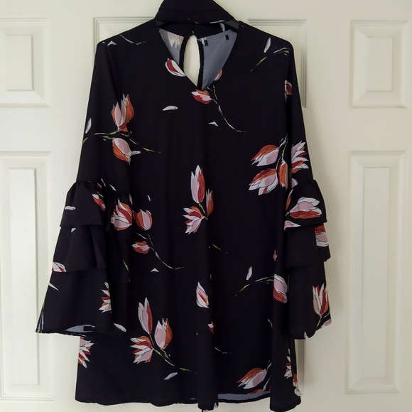 Floral Flare Long Sleeve Tier Choker Collar Dress - Picture 5 of 7